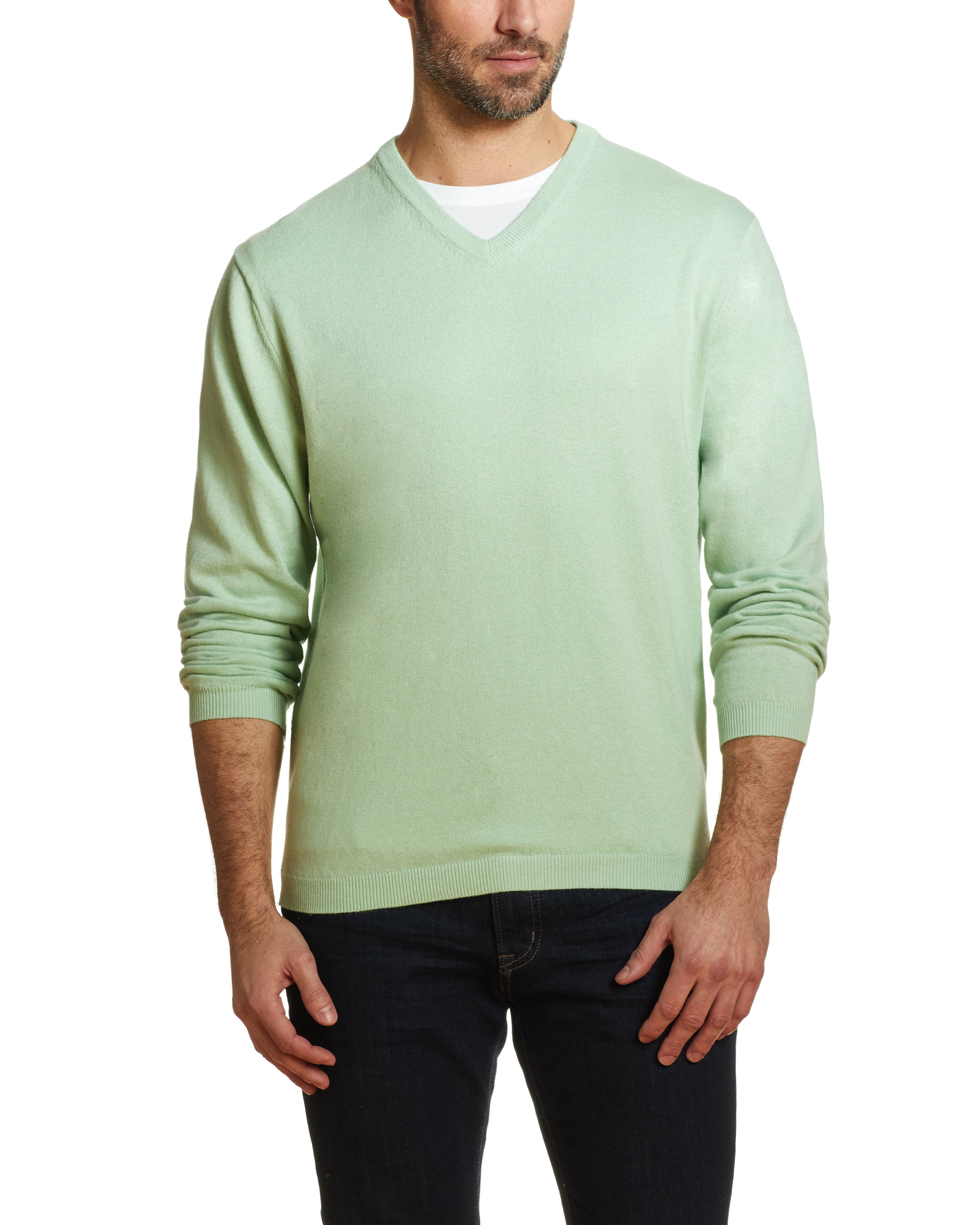 Cotton Cashmere V Neck Sweater in Seafoam
