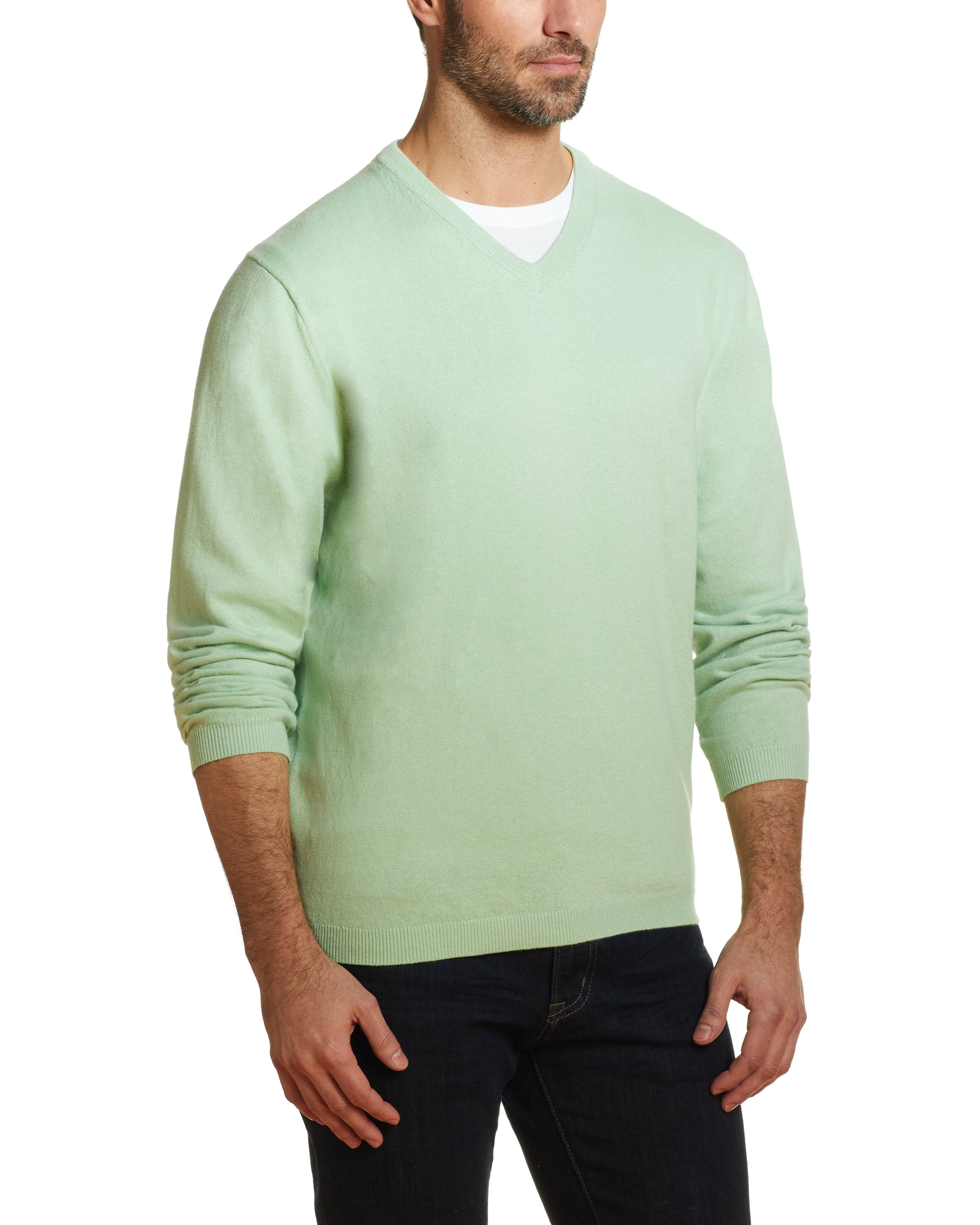 Cotton Cashmere V Neck Sweater in Seafoam