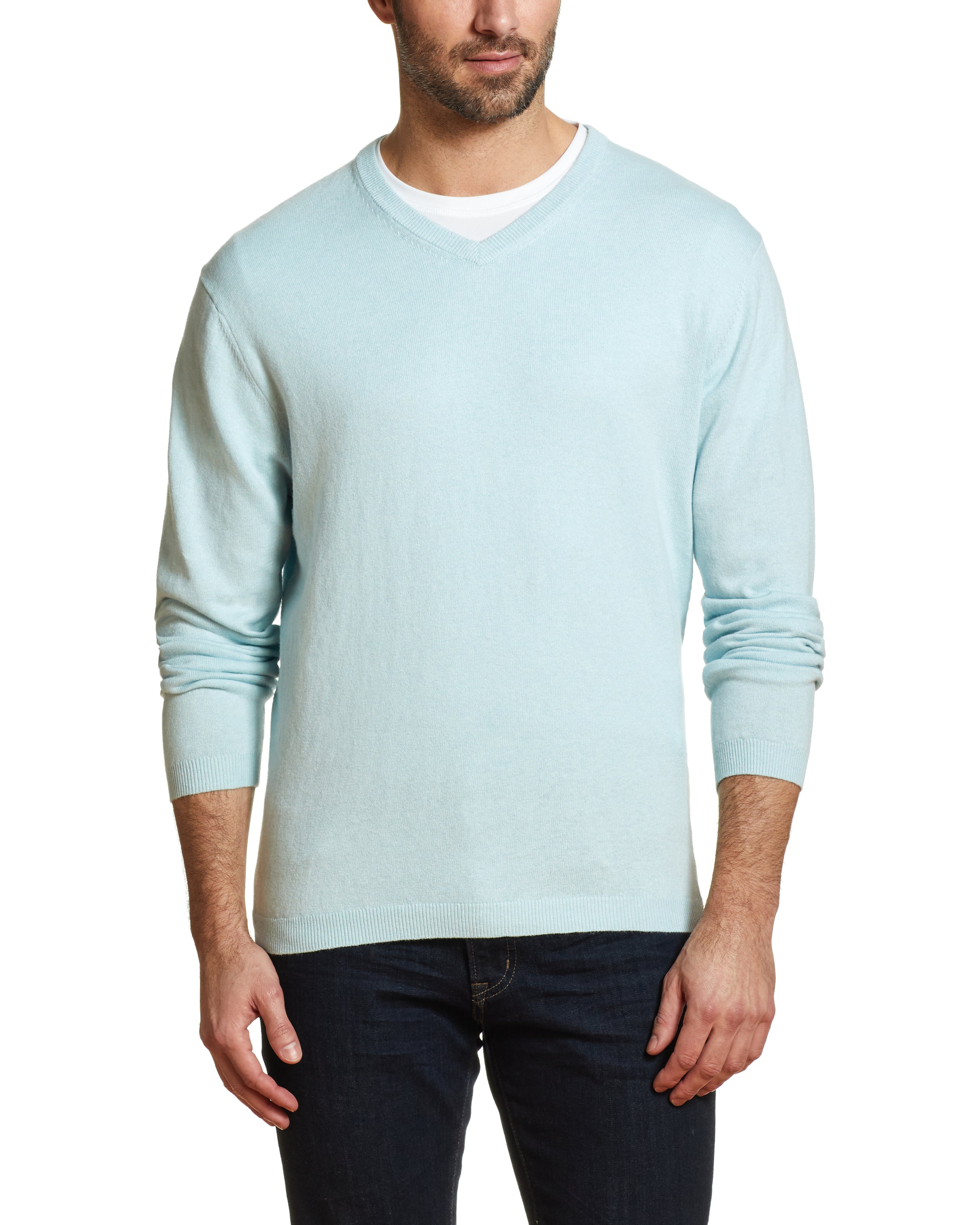 Cotton Cashmere V Neck Sweater in Spring Sky