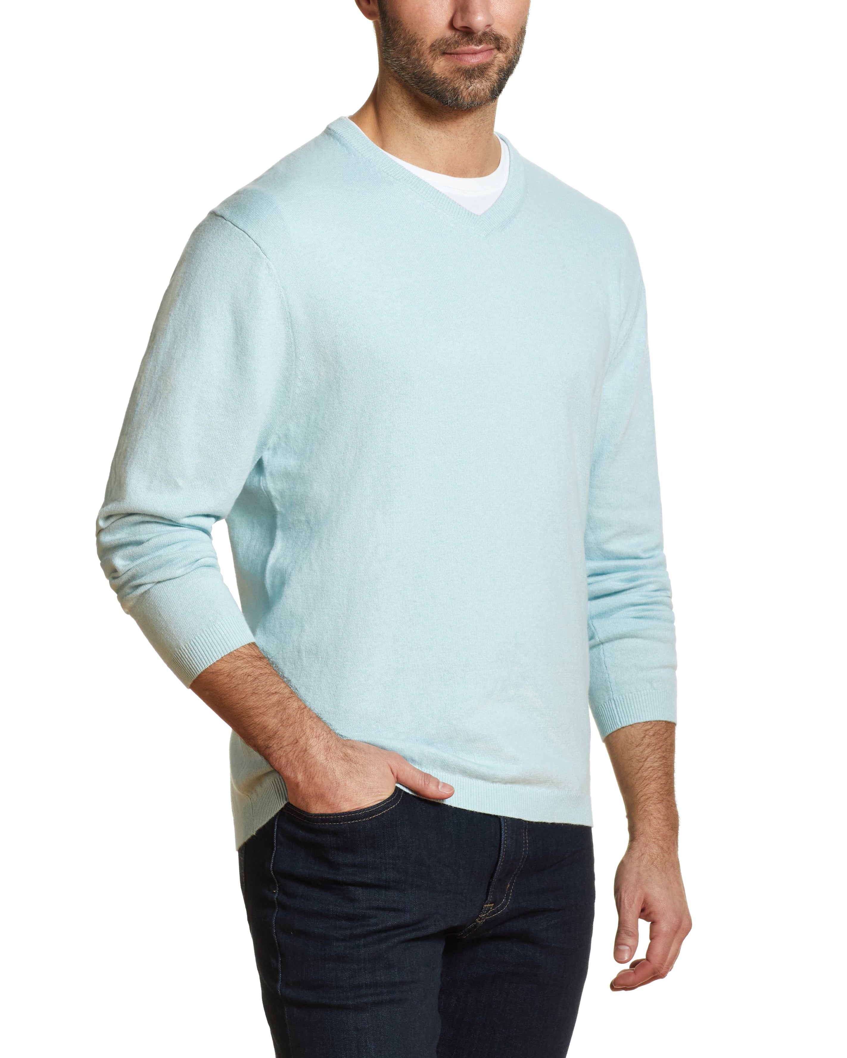 Cotton Cashmere V Neck Sweater in Spring Sky