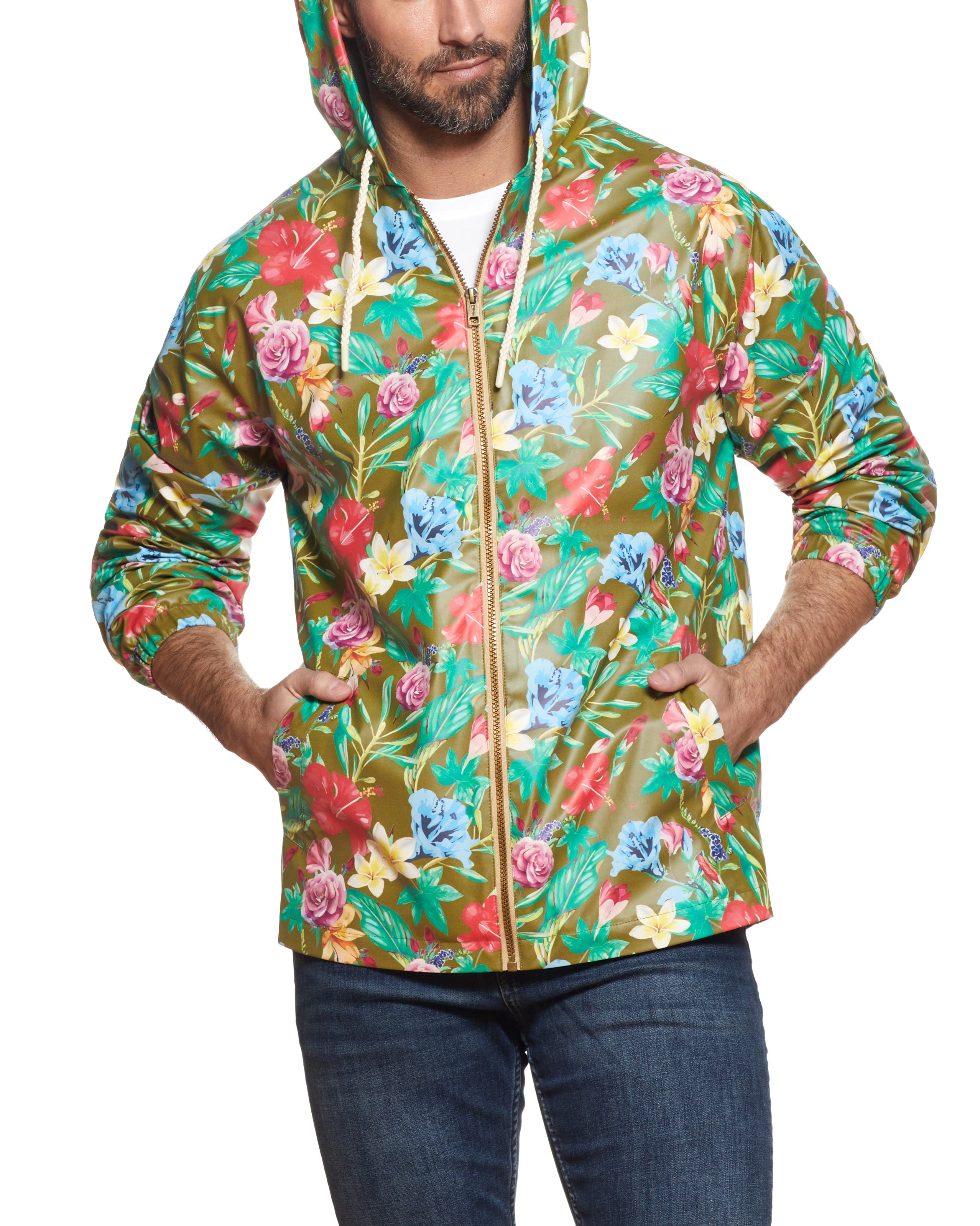 Printed Full-Zip Hooded Rain Slicker in Olive