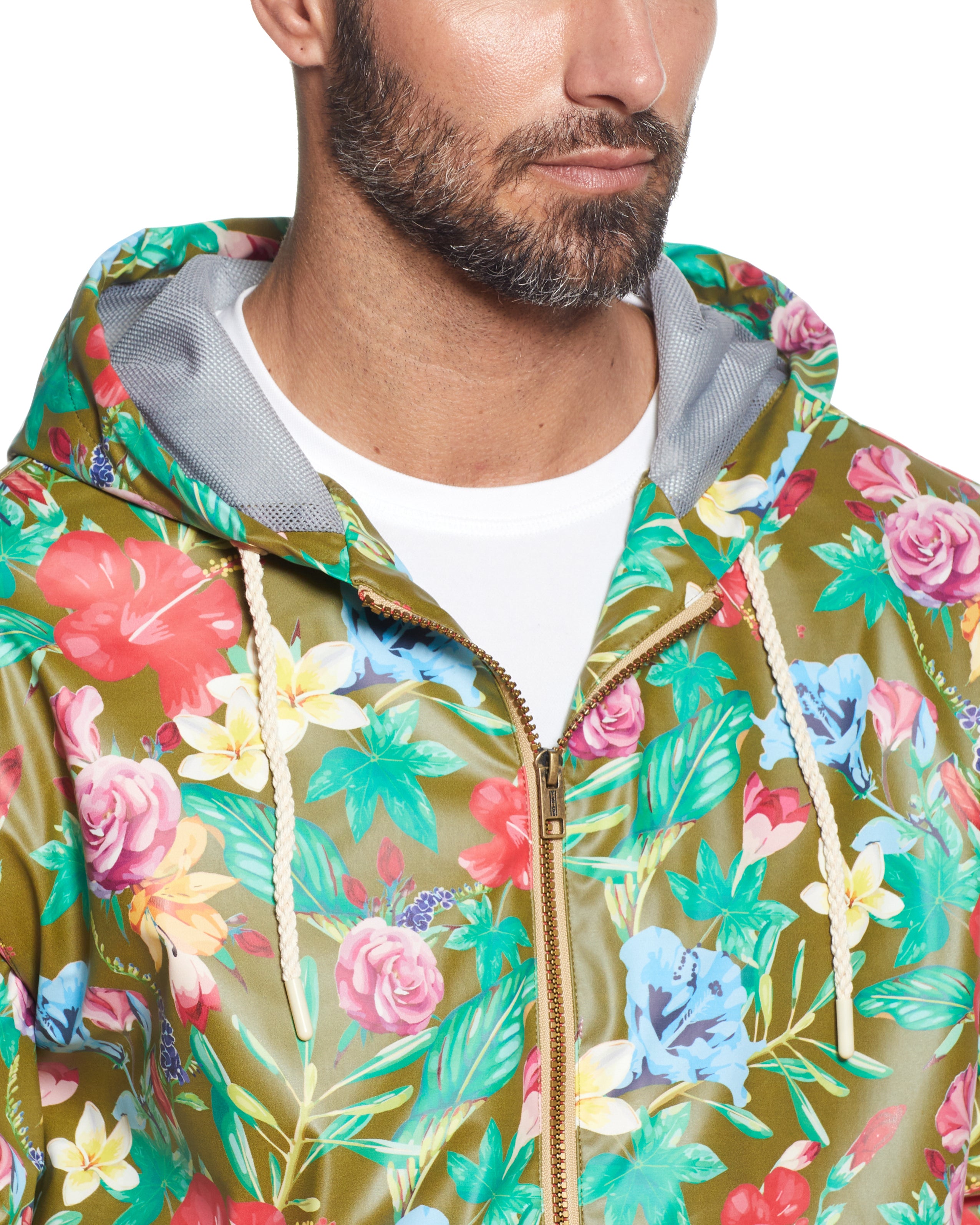Printed Full-Zip Hooded Rain Slicker in Olive