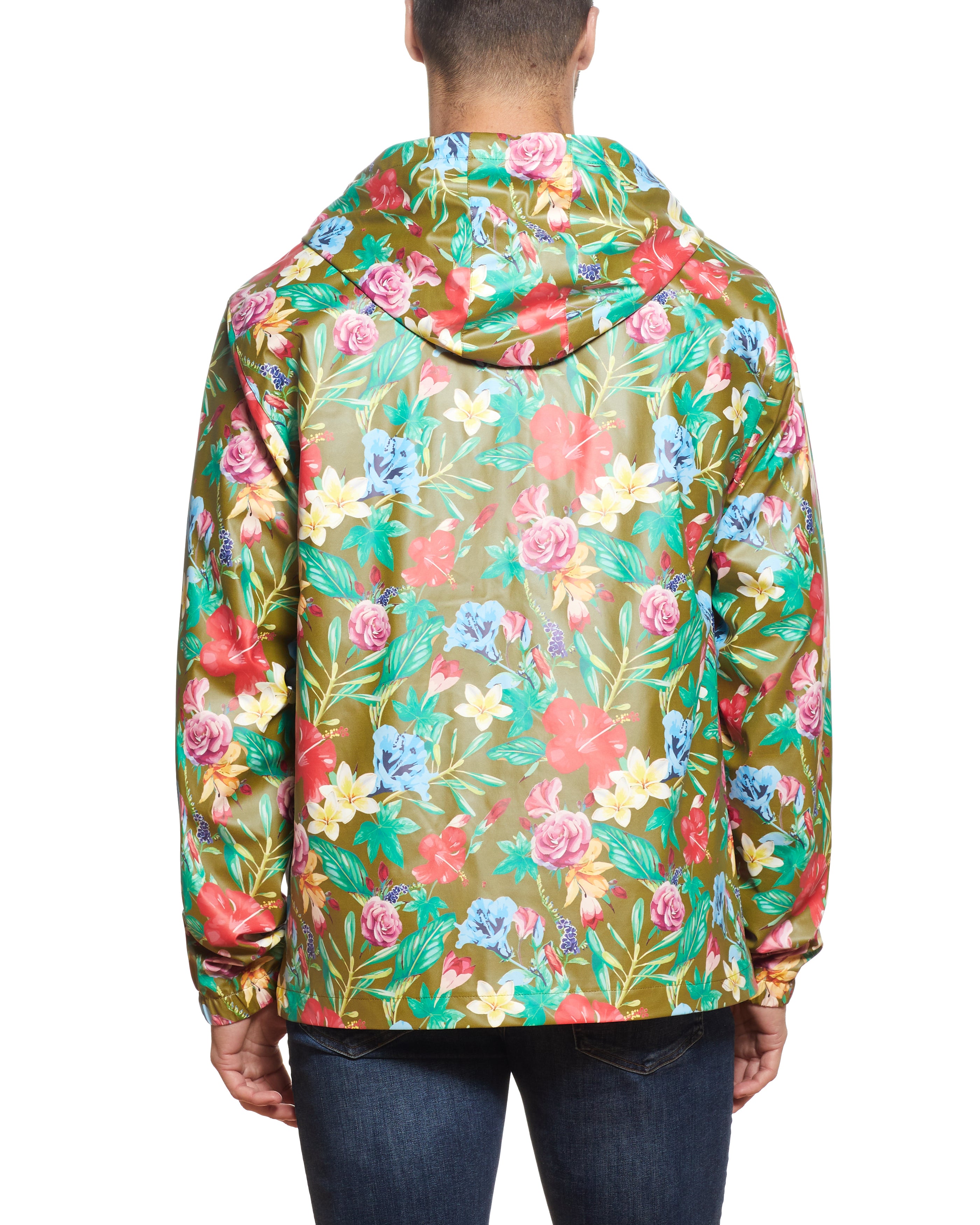 Printed Full-Zip Hooded Rain Slicker in Olive