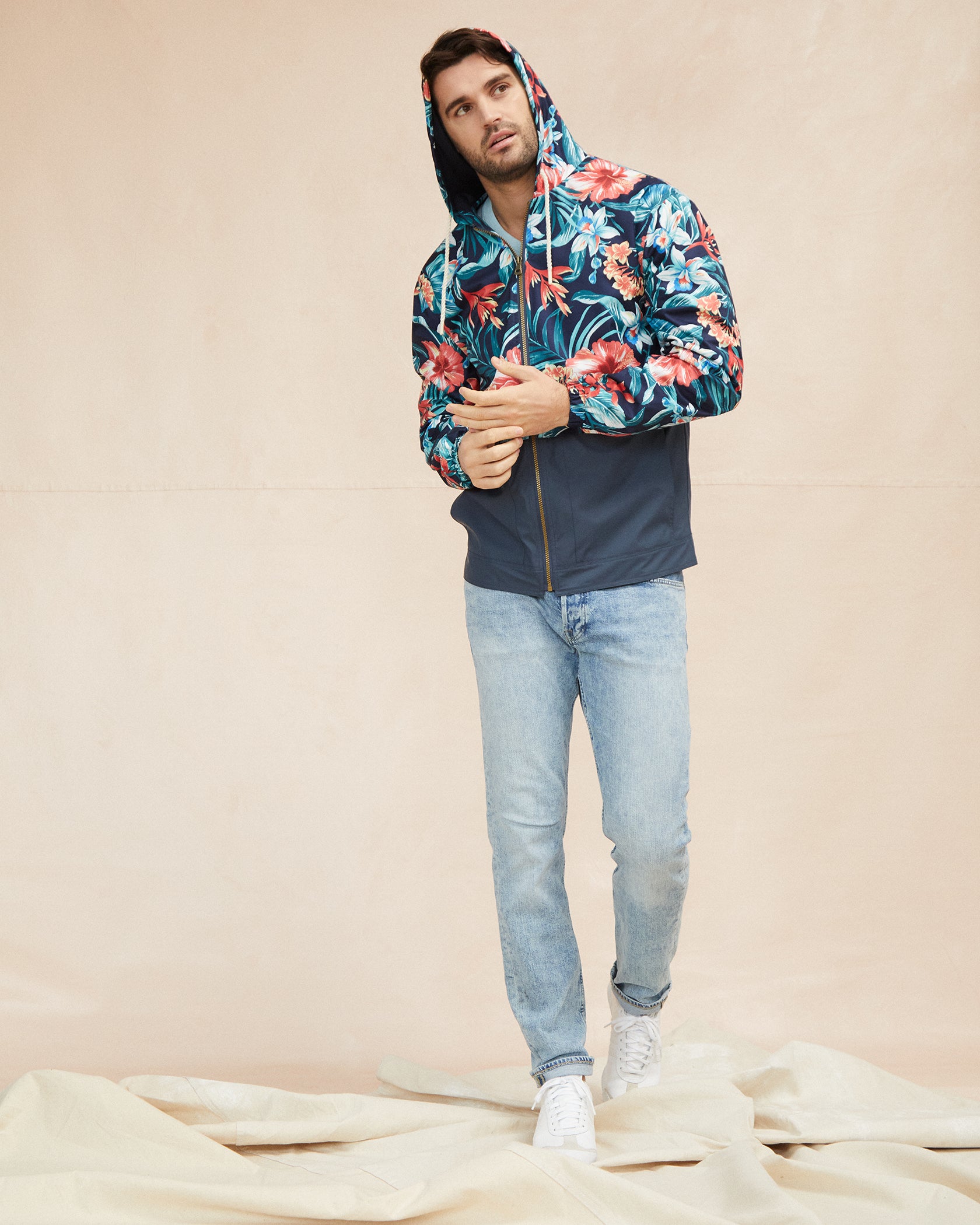 Printed Full-Zip Hooded Rain Slicker in Blue