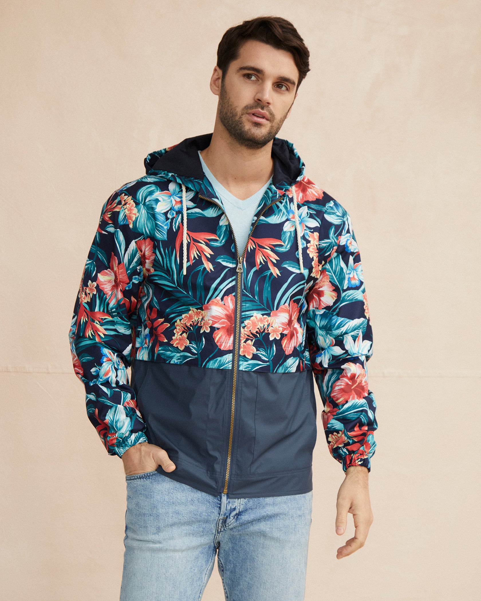 Printed Full-Zip Hooded Rain Slicker in Blue