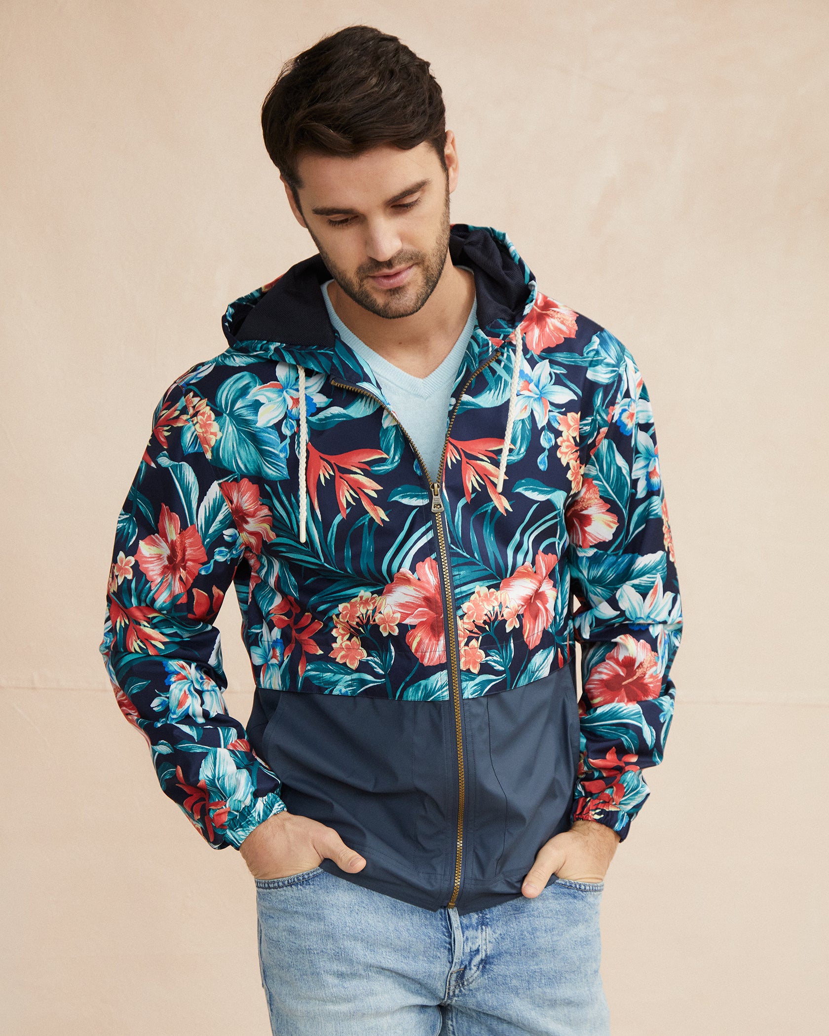Printed Full-Zip Hooded Rain Slicker in Blue