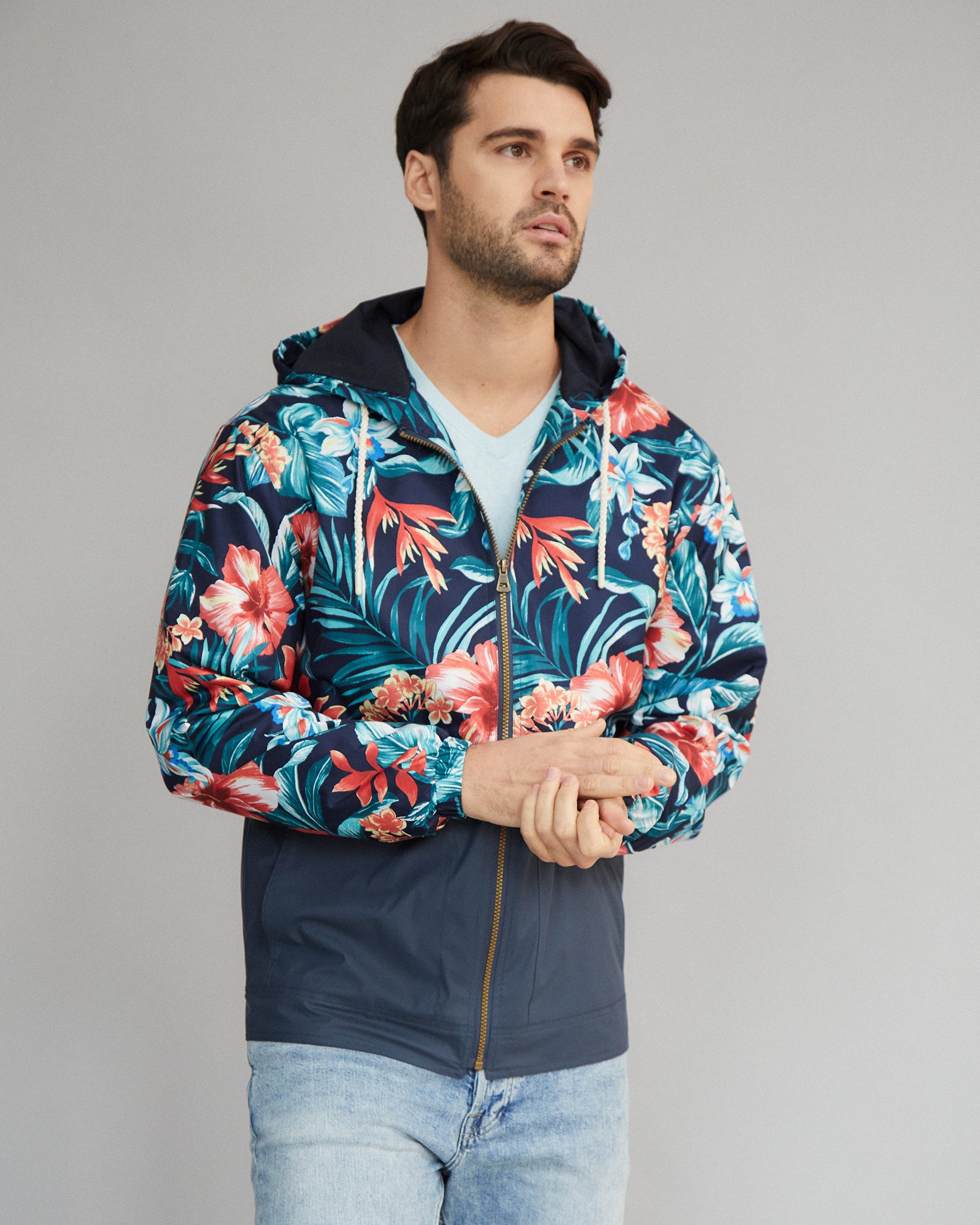 Printed Full-Zip Hooded Rain Slicker in Blue