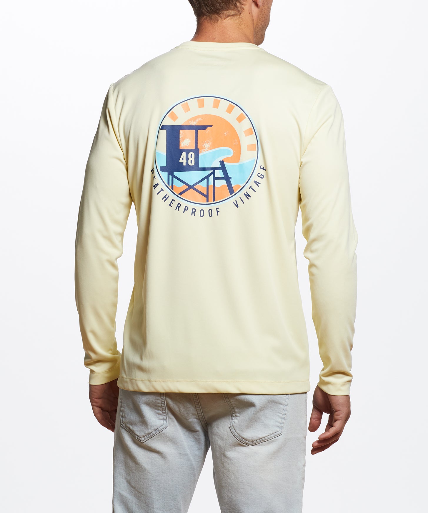 Long Sleeve Sun Shirt Spf In Pastel Yellow with adventure graphics for outdoor activities.