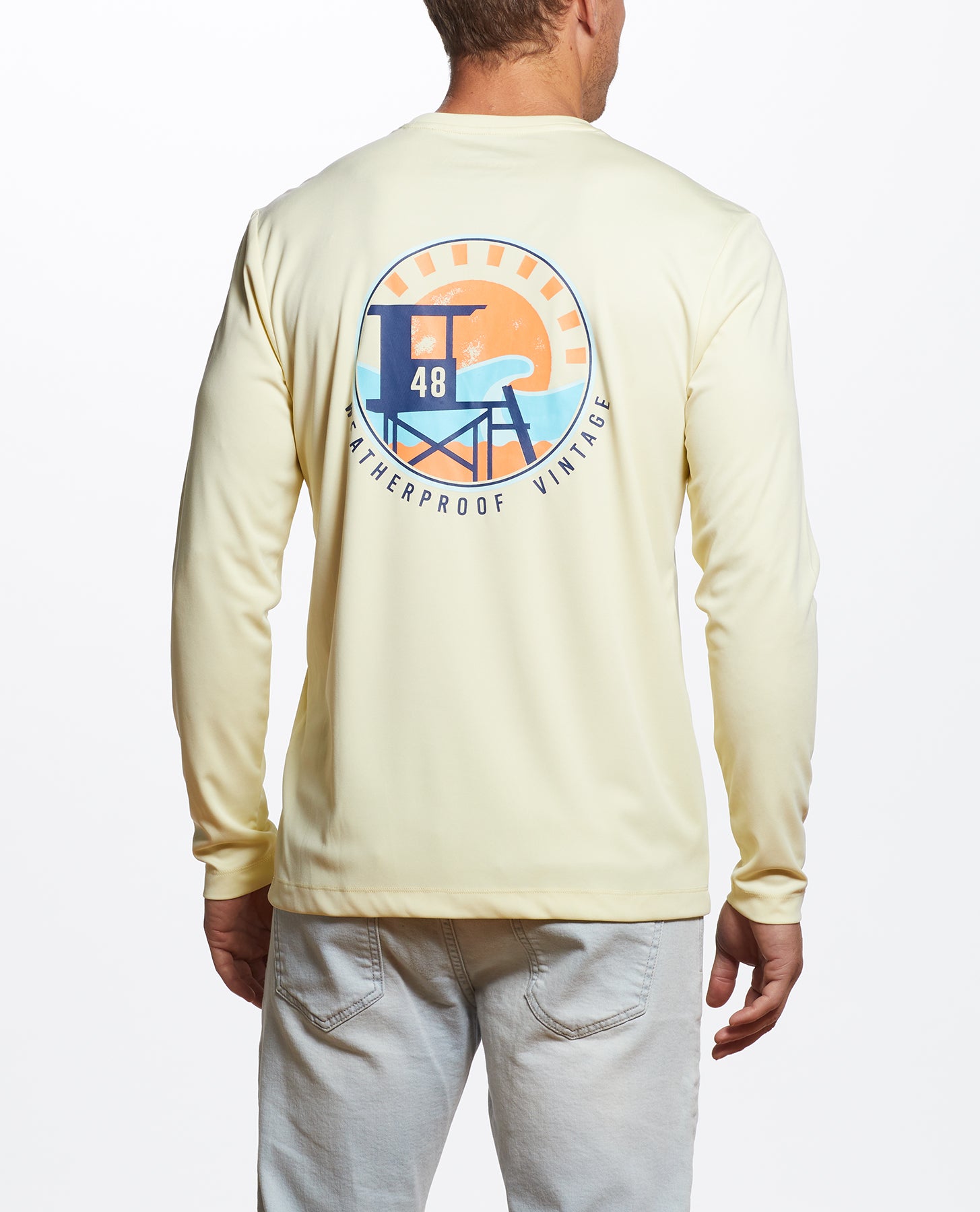 Long Sleeve Sun Shirt Spf In Pastel Yellow with adventure graphics for outdoor activities.