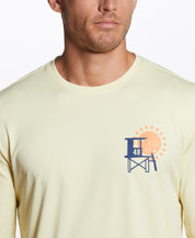 Long Sleeve Sun Shirt Spf In Pastel Yellow worn by a male model featuring adventure themed graphics.