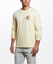 Long Sleeve Sun Shirt Spf In Pastel Yellow worn by model with adventure-themed graphics.