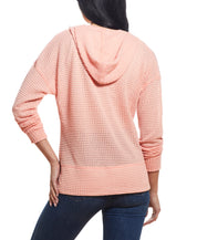 Women'S Dolman Mesh Knit Hoodie In Coral, back view of a cozy hoodie made from breathable mesh fabric.