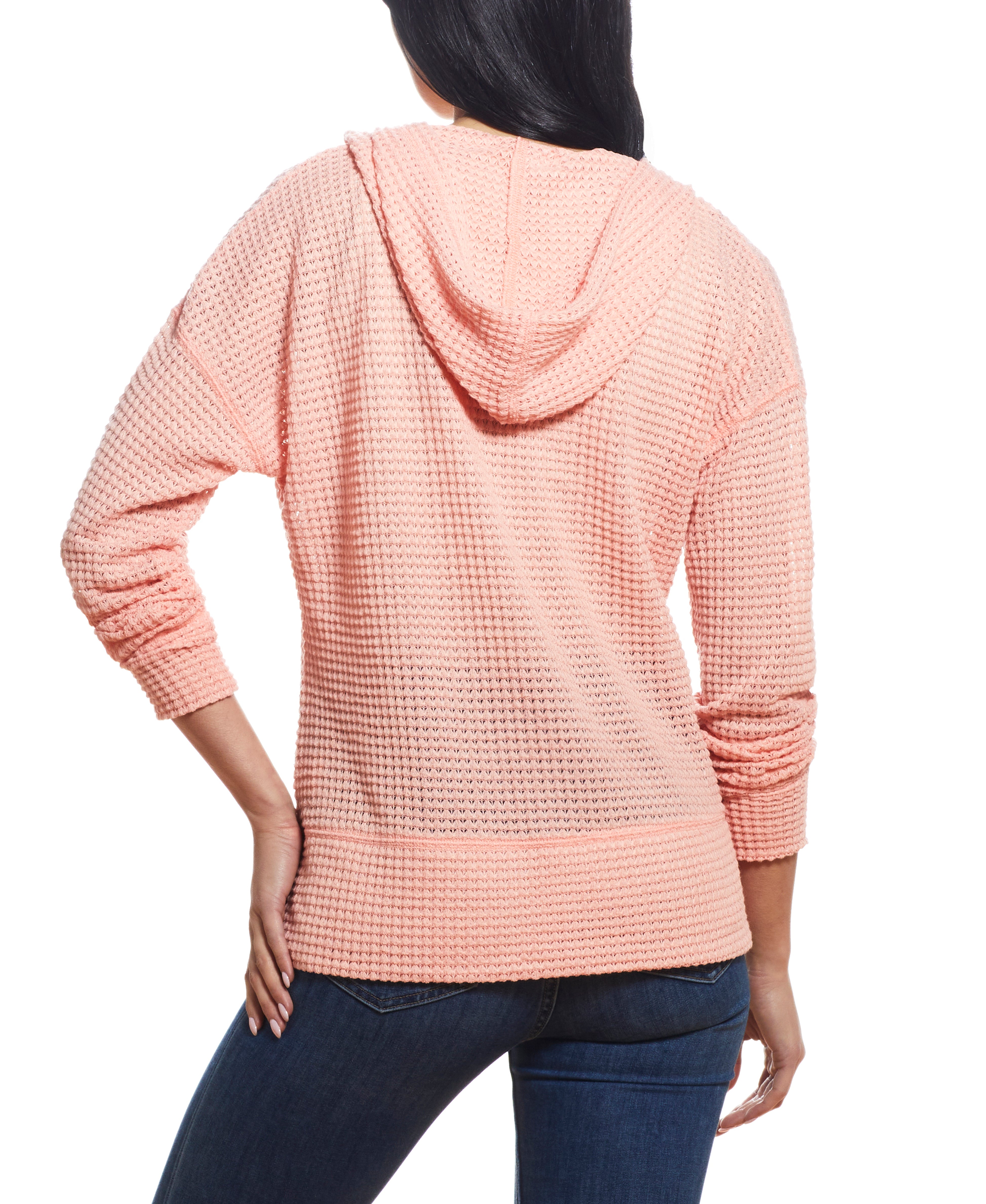 Women'S Dolman Mesh Knit Hoodie In Coral, back view of a cozy hoodie made from breathable mesh fabric.
