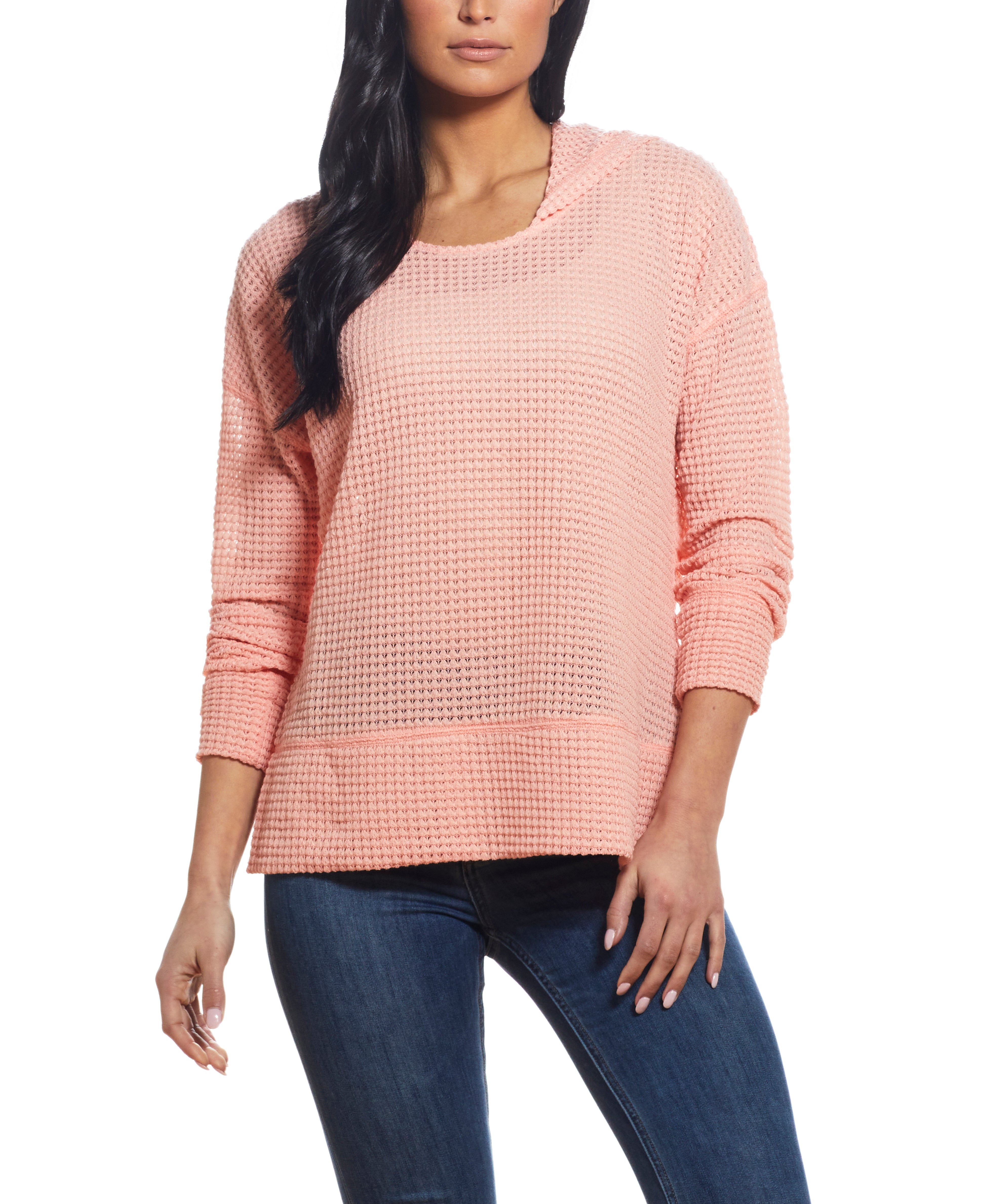 Women'S Dolman Mesh Knit Hoodie In Coral displayed on a model wearing a cozy and breathable design with a hood.