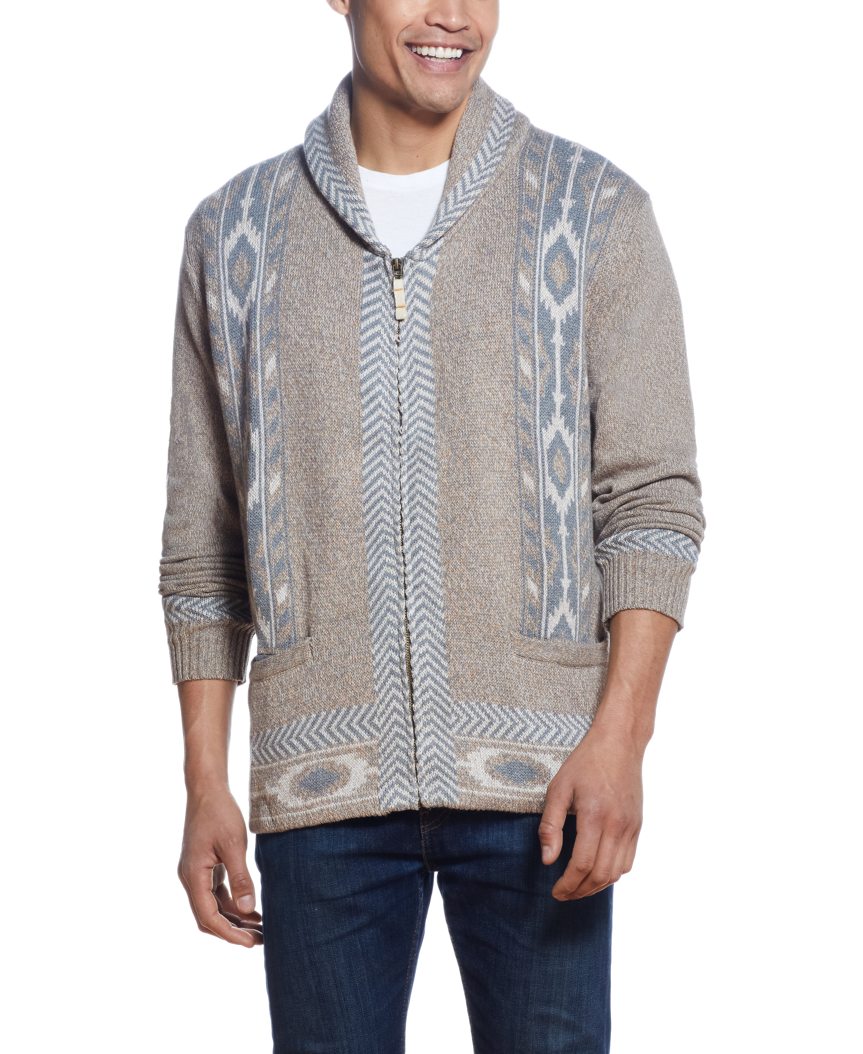 Western Pattern Full-Zip Cardigan Sweater IN CAMEL