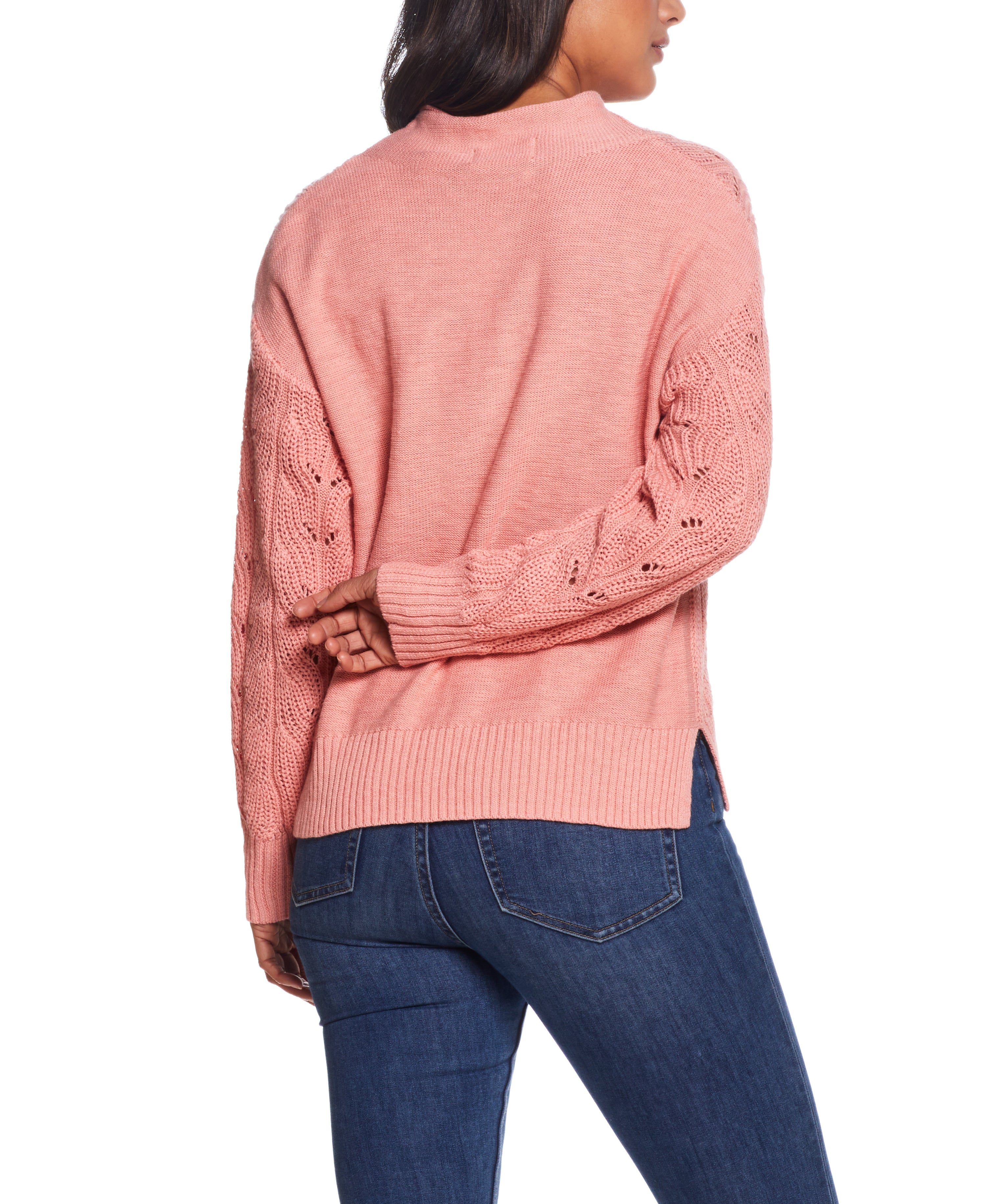 Ladies Pointelle Mock-neck Sweater in Coral