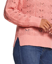 Ladies Pointelle Mock-Neck Sweater In Coral