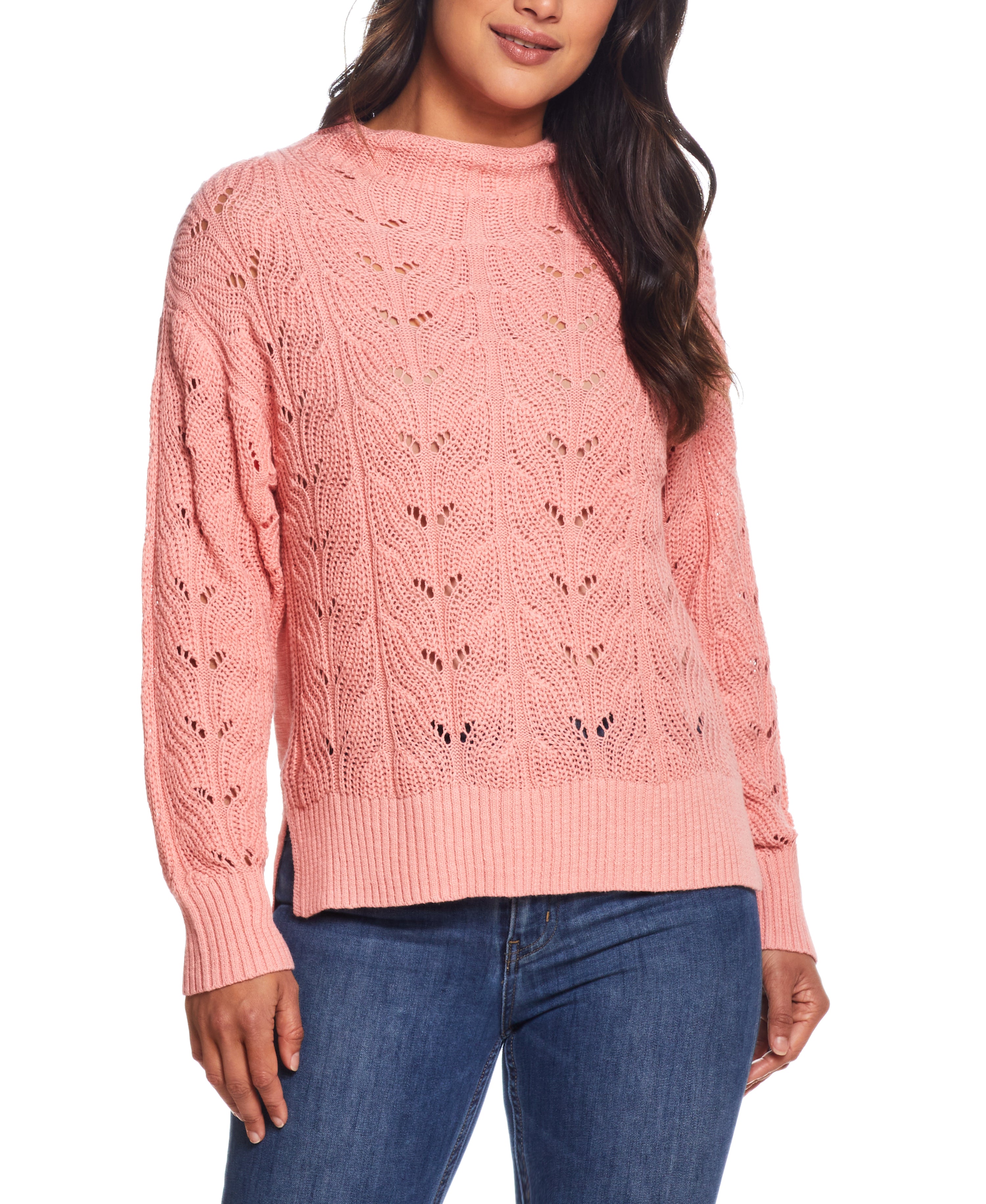 Ladies Pointelle Mock-neck Sweater in Coral