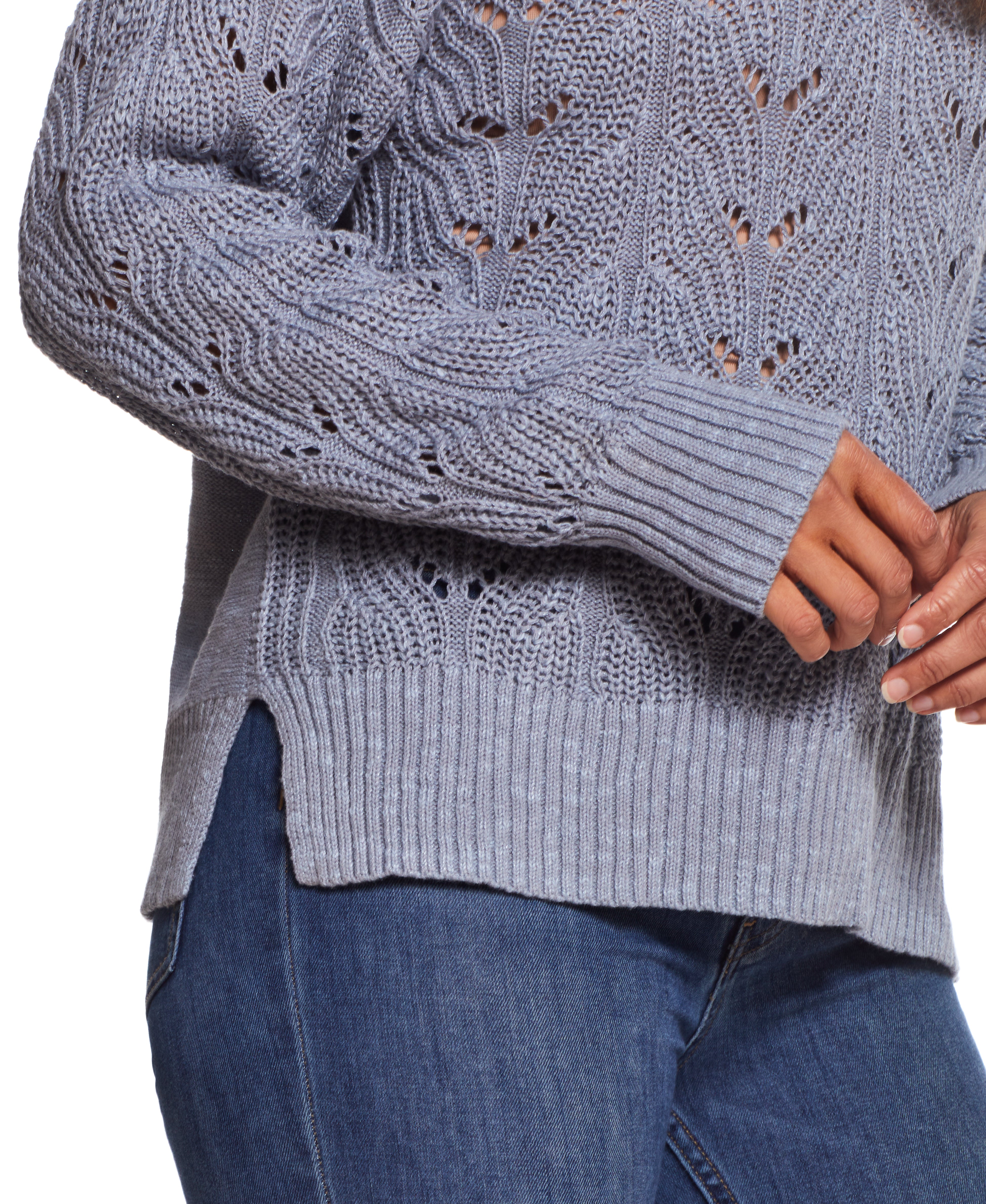 Ladies Pointelle Mock-Neck Sweater In Dusty Blue