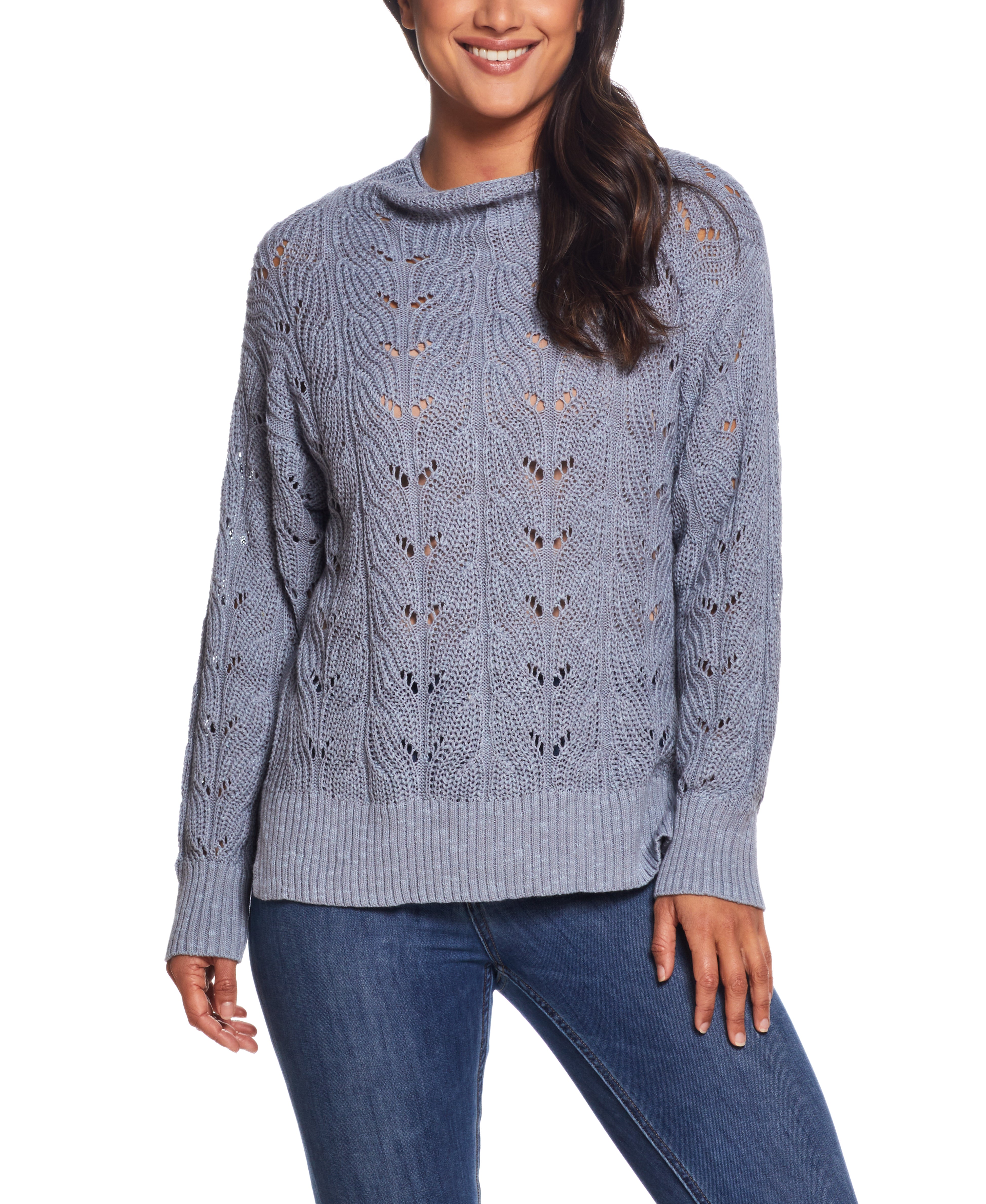 Ladies Pointelle Mock-neck Sweater in Dusty Blue