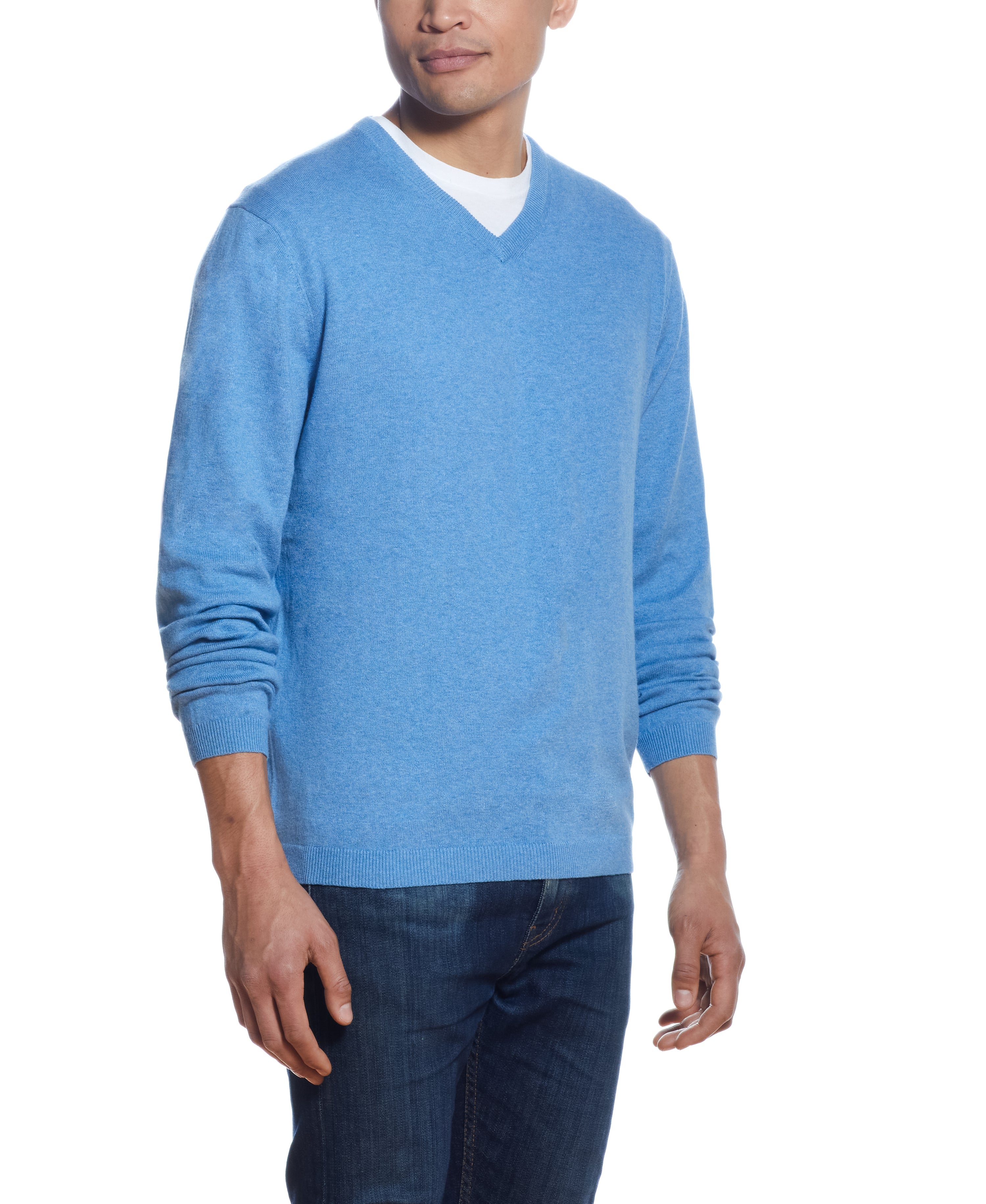 Cotton Cashmere V Neck Sweater in HAZE BLUE