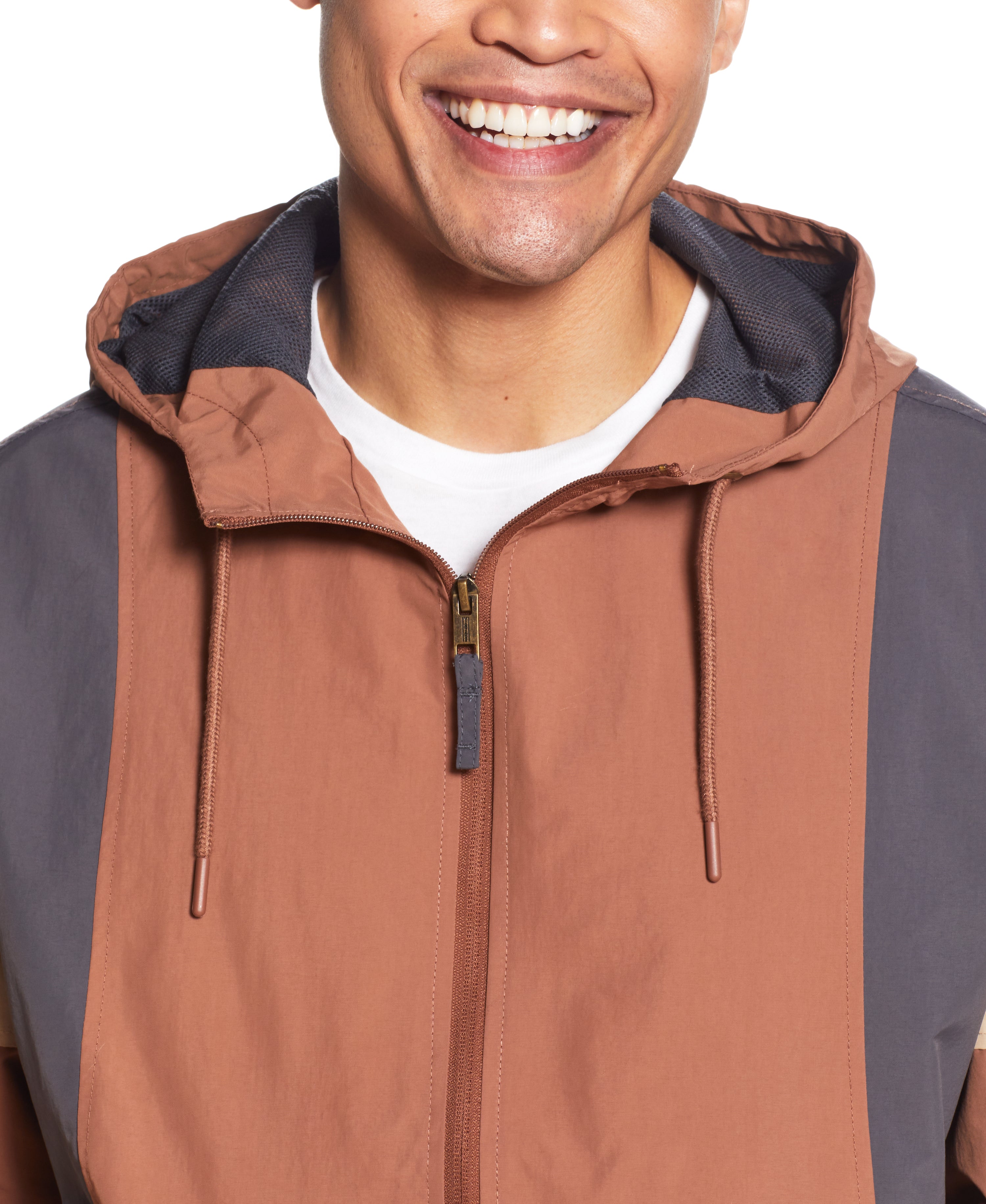 Quarter-Zip Hooded Nylon Pop Over in CAROB BROWN