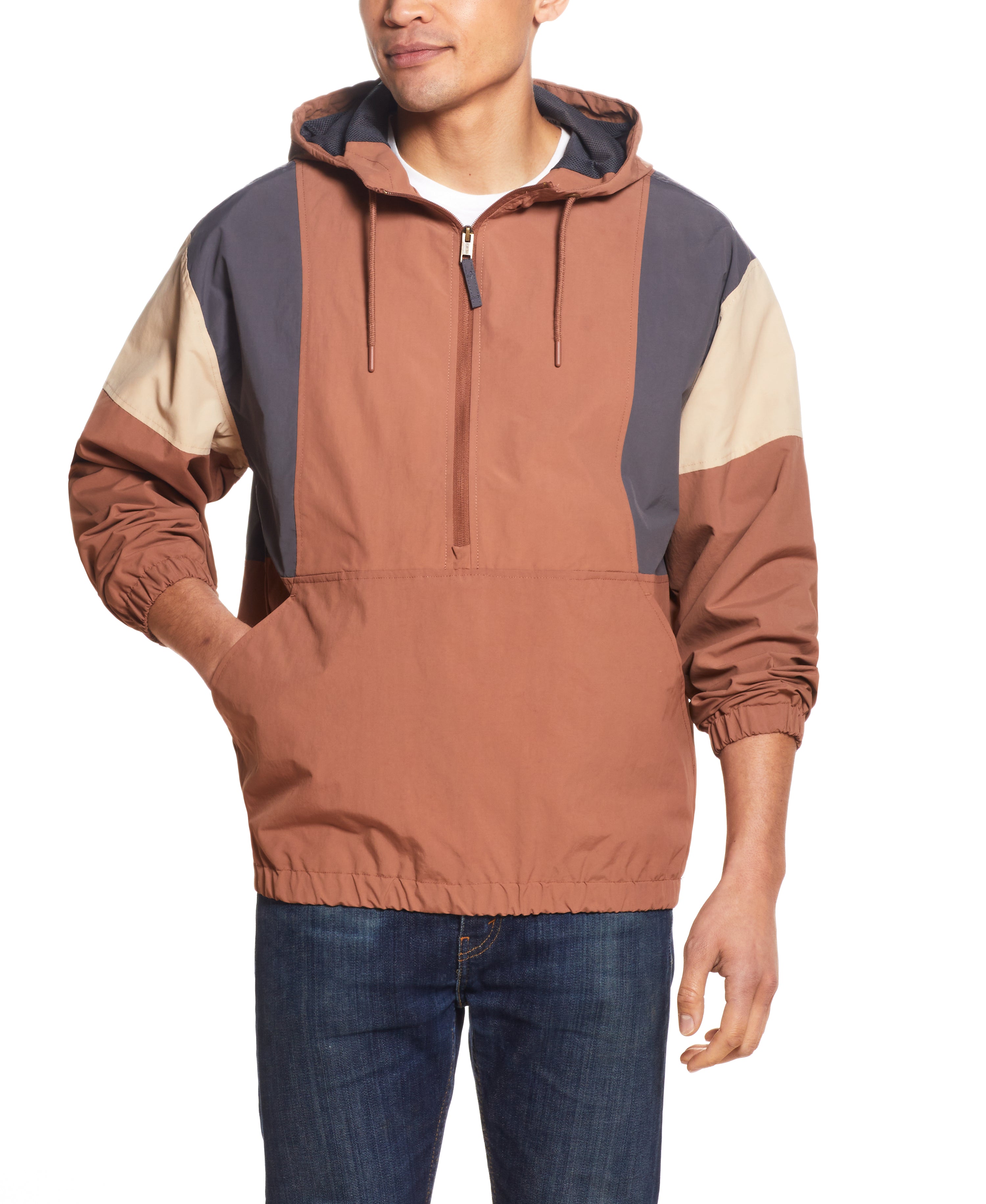 Quarter-Zip Hooded Nylon Pop Over in CAROB BROWN