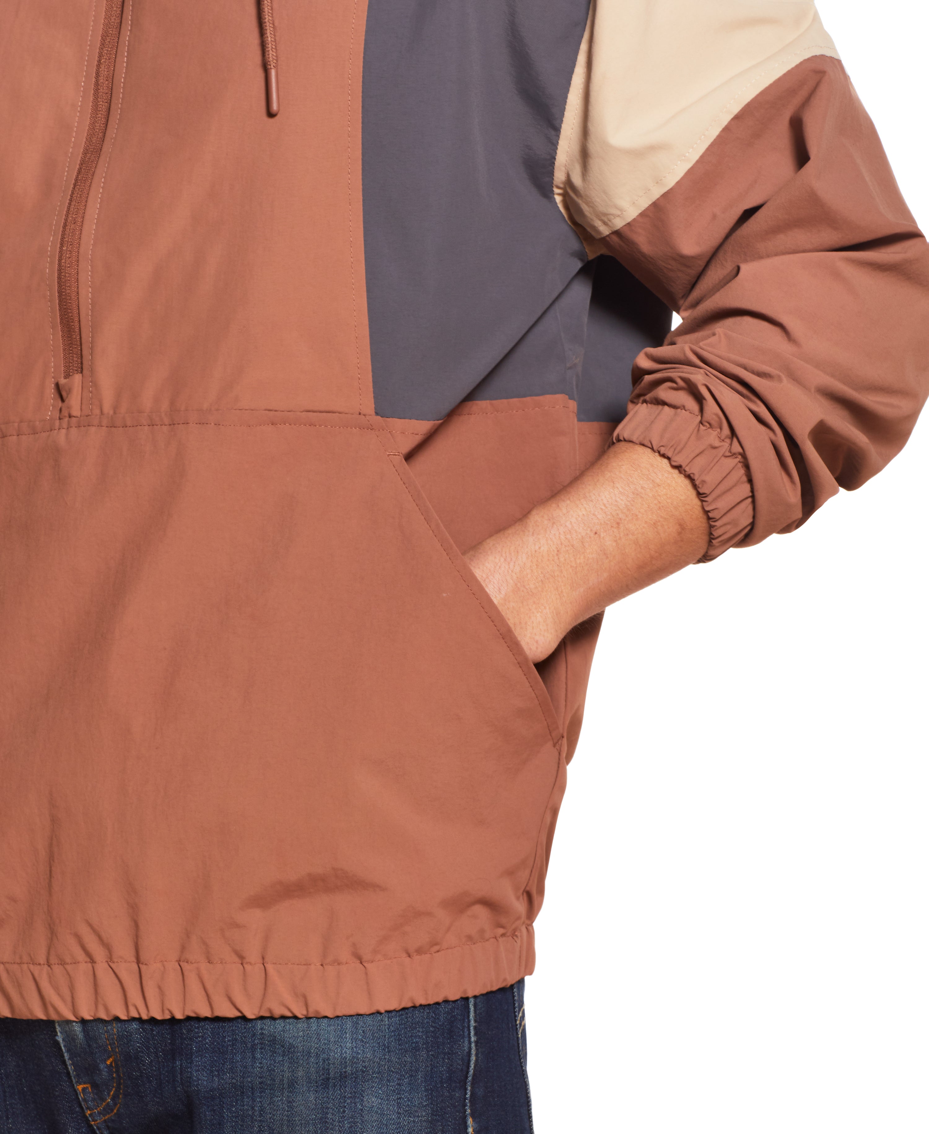 Quarter-Zip Hooded Nylon Pop Over in CAROB BROWN