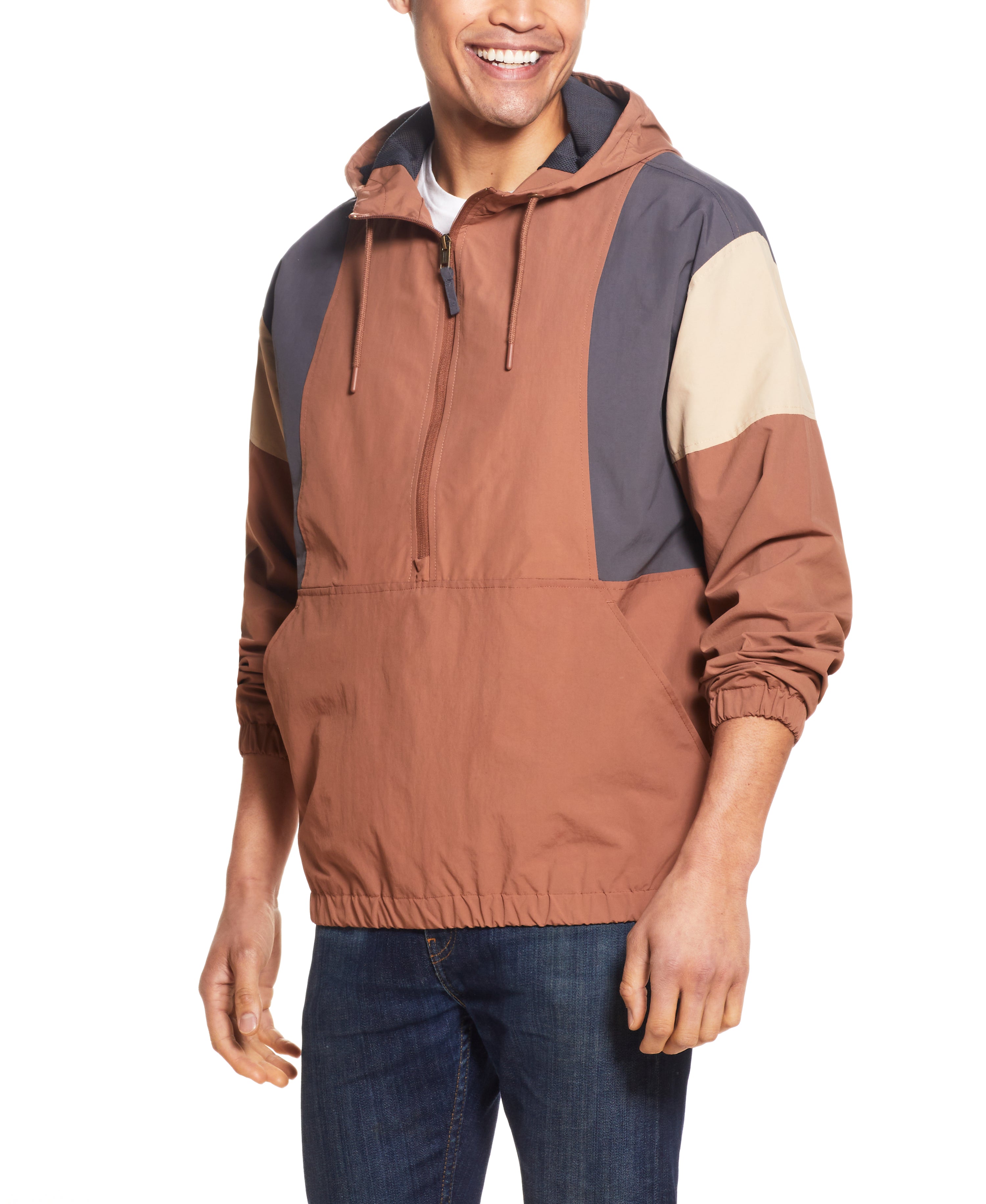 Quarter-Zip Hooded Nylon Pop Over in CAROB BROWN