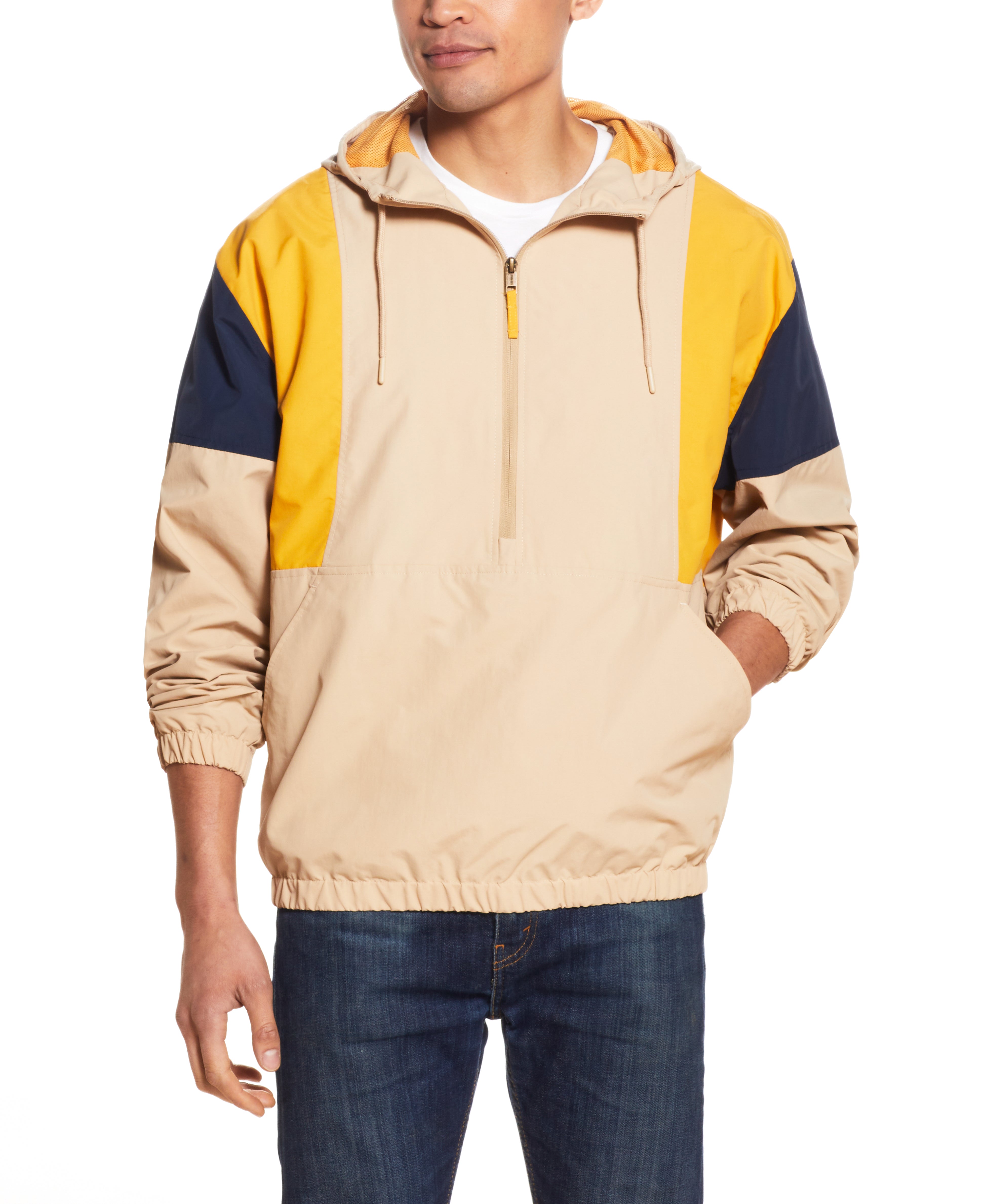 Quarter-Zip Hooded Nylon Pop Over In Pale Khaki