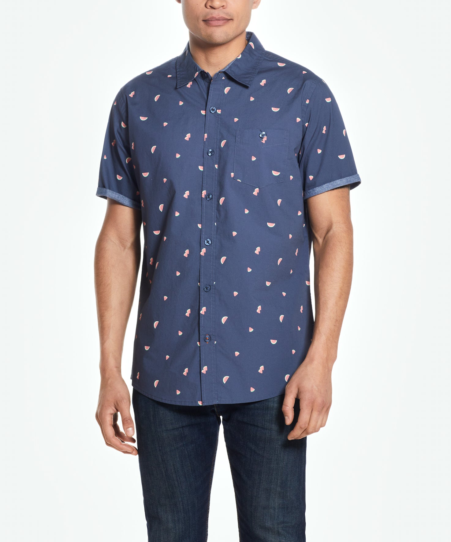 Peached Poplin Mini Print In Watermelon shirt featuring a short sleeve design and a stylish pattern.