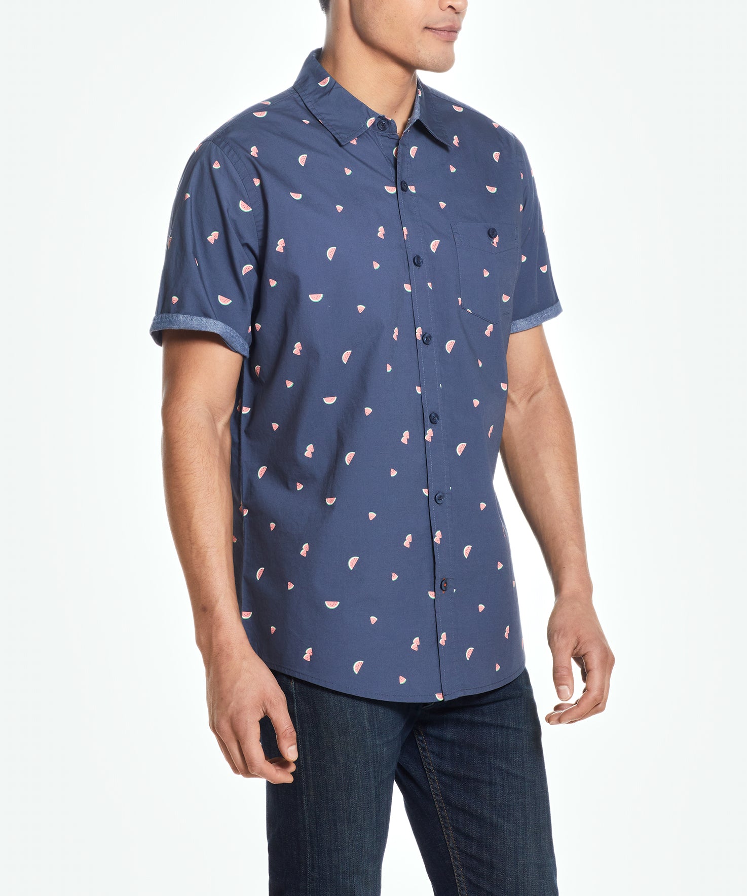 Model wearing Peached Poplin Mini Print In Watermelon short sleeve shirt with watermelon print.