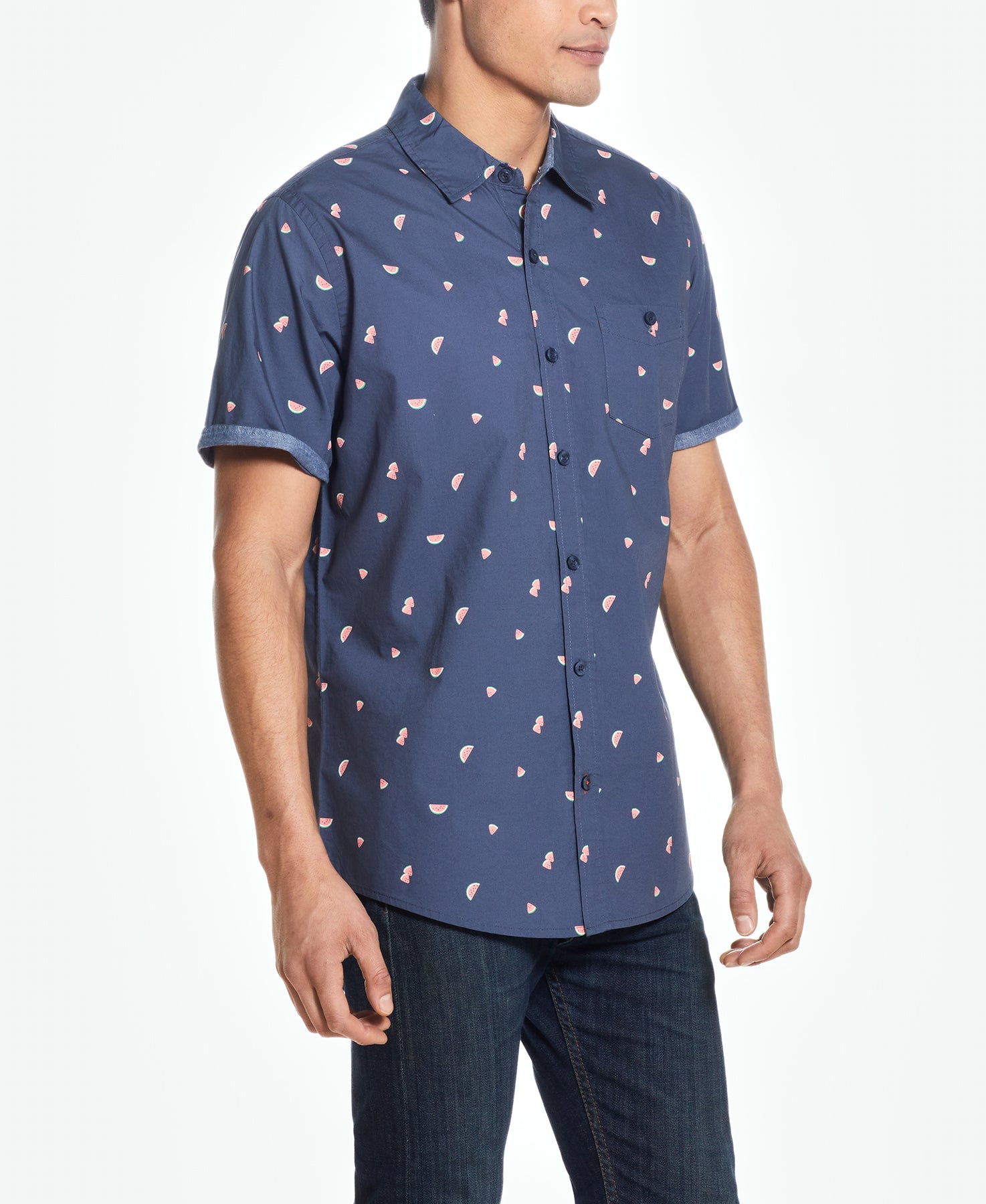 Model wearing Peached Poplin Mini Print In Watermelon short sleeve shirt with watermelon print.