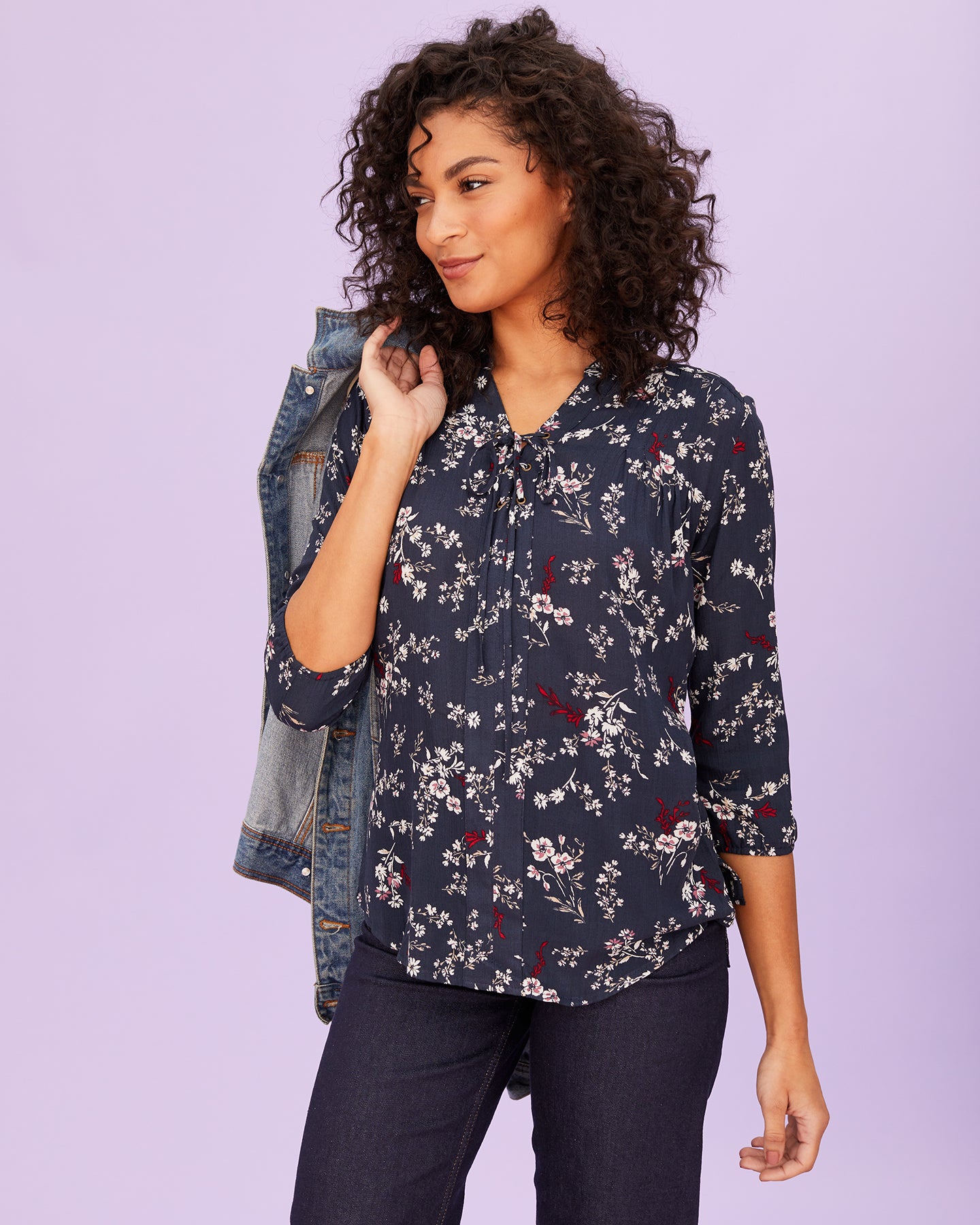 Floral Lace-Up Shirt Persian Blue